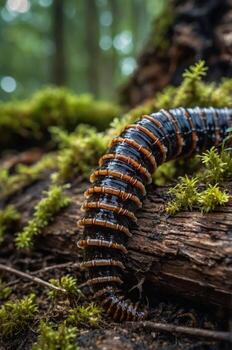 A close-up of a segmented insect on a mossy log in a forest setting. photo