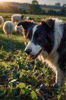 A border collie in a field with blueberries and sheep in the background during sunset. photo