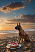 A dog sits on the beach at sunset, next to a cake adorned with strawberries. photo