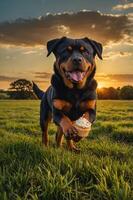 A playful Rottweiler joyfully running with a cupcake in a scenic sunset field. photo