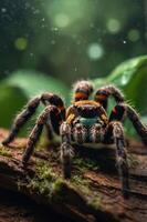 A close-up of a colorful spider on a mossy log, surrounded by greenery and soft light. photo