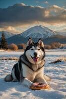 A happy husky dog sits in the snow with a donut, surrounded by mountains and a scenic backdrop. photo