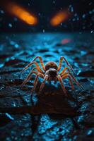 A close-up of a spider on a textured surface, illuminated by dramatic lighting. photo