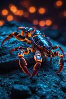 A vibrant scorpion resting on a rocky surface with a colorful, blurred background. photo
