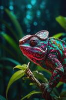 A vibrant chameleon perched on a branch amidst lush greenery, showcasing its colorful patterns. photo