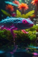 A vibrant, surreal creature resembling a salamander in a colorful underwater environment. photo