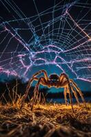 A close-up of a spider in its web, illuminated by colorful lights at night. photo
