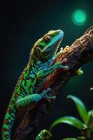 A vibrant gecko perched on a branch, showcasing its colorful patterns in a dimly lit setting. photo