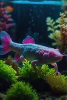 A vibrant pink axolotl swimming among colorful aquatic plants in an aquarium. photo