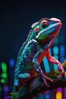 A vibrant chameleon perched on a branch, showcasing colorful patterns against a blurred background. photo