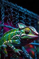 A vibrant chameleon perched on a wire mesh, showcasing its colorful patterns. photo