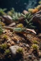 A colorful lizard on a textured surface surrounded by small plants and rocks. photo