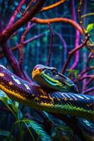 A vibrant snake resting on colorful branches in a lush environment. photo
