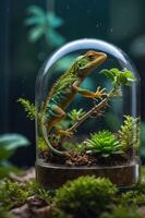 A vibrant lizard inside a glass dome with plants, showcasing a miniature ecosystem. photo