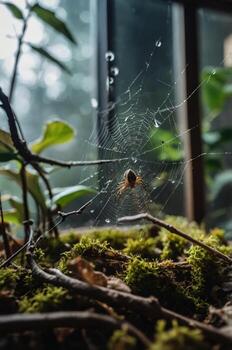 A close-up of a spider in its web surrounded by greenery and soft light. photo