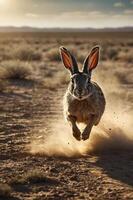 A rabbit sprinting across a dusty landscape during sunset, creating a dynamic and lively scene. photo