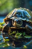 A close-up of a turtle on leaves near water, showcasing its intricate shell and reflection. photo