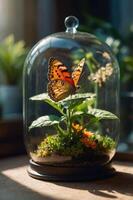 A butterfly under a glass dome, resting on plants and moss, showcasing nature's beauty. photo