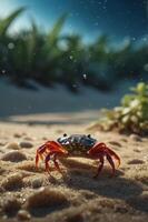 A close-up of a crab on sandy terrain, surrounded by lush vegetation. photo