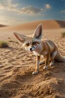 A fennec fox in a desert landscape, showcasing its large ears and curious expression. photo
