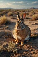 A rabbit sits in a desert landscape surrounded by sparse vegetation under a blue sky. photo