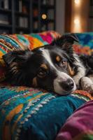 A relaxed dog resting on a colorful, patterned couch. photo