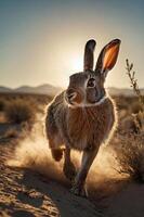 A running rabbit kicks up dust against a desert backdrop during sunset. photo