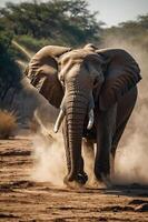 An elephant charging through dust in a natural setting, showcasing wildlife behavior. photo