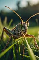 A close-up of a grasshopper resting on blades of grass in a natural setting. photo