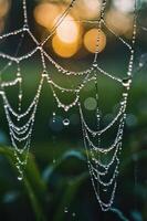 A close-up of a spider web adorned with dew drops, illuminated by soft sunlight. photo