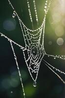 A close-up of a spider web adorned with dew drops, glistening in soft light. photo