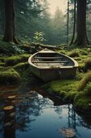A serene boat rests on mossy ground beside a tranquil stream in a lush forest. photo