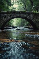 A serene stone bridge arches over a tranquil stream in a lush, green forest. photo