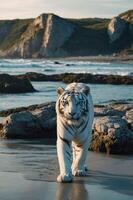 A white tiger walks along a rocky beach with cliffs in the background. photo