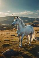 A majestic unicorn stands in a serene landscape, illuminated by soft sunlight. photo