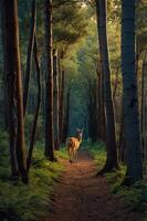 A serene forest path with a deer standing amidst tall trees and lush greenery. photo