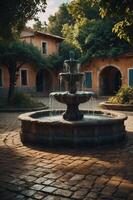 A serene courtyard featuring a three-tiered fountain surrounded by lush greenery and rustic buildings. photo