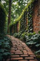 A serene pathway lined with ivy-covered brick walls, inviting exploration in a lush environment. photo