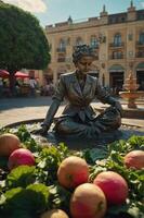 A serene bronze statue of a woman surrounded by fruits in a lively plaza. photo