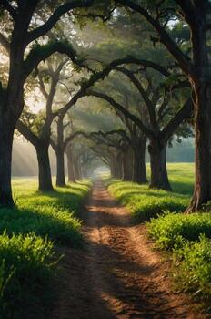 A serene pathway lined with trees, illuminated by soft sunlight, inviting exploration. photo