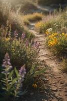 A serene pathway lined with colorful wildflowers in a natural setting. photo