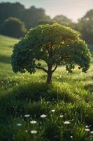 A vibrant tree stands alone in a grassy field, illuminated by soft sunlight. photo