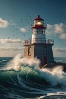A lighthouse stands resilient against crashing waves, guiding ships with its beacon. photo