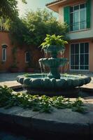 A serene garden fountain surrounded by lush greenery and a charming building in the background. photo