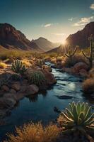 Serene desert landscape with mountains, cacti, and a flowing stream at sunset. photo