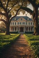 A grand historic mansion framed by large trees and a pathway leading to its entrance. photo