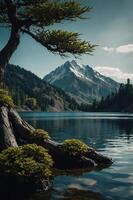 Serene mountain landscape with a calm lake and a tree in the foreground. photo