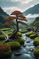 A serene landscape featuring a vibrant tree beside a tranquil stream in a mountainous setting. photo
