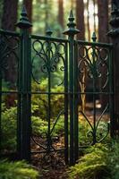 A decorative wrought iron gate amidst lush greenery in a forest setting. photo