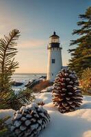 A serene winter scene featuring a lighthouse amidst snow-covered pinecones and trees. photo
